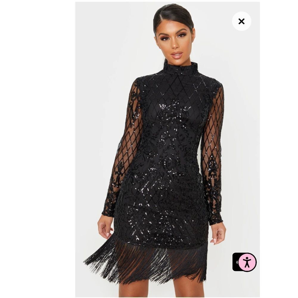 PrettyLittleThing Black Long Sleeve Sequin Tassel Hem Bodycon Dress Size 2 - Picture 4 of 8